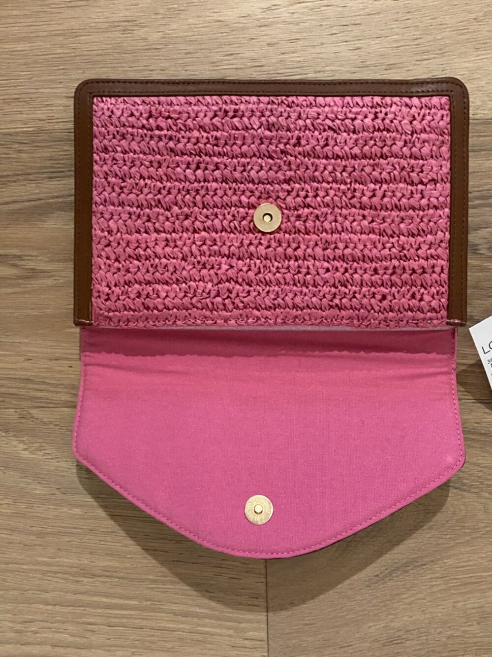 Loft Pink Raffia Clutch w Brown Trim Detail NWT - Picture 2 of 8